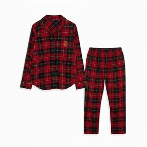 Lauren Ralph Lauren Red Plaid Flannel Pajama Set w/ Leopard Trim – XS